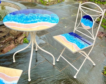 Outdoor Ocean Inspired FoxSea Art Design Bistro Set - Table & Two Foldable Chairs Set. Patio Furniture, limited edition, White