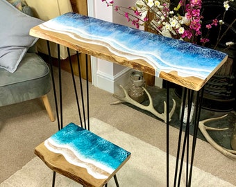 MADE to ORDER Custom Resin Desk Wave Table, Oak, Local Devon Hardwood, Wood, Hairpin Legs, Blue, Ocean, Handmade, Epoxy Resin Table