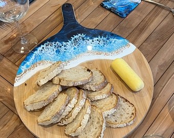 Blue Resin Wave Bamboo Ocean Pizza Serving Platter Chopping Board