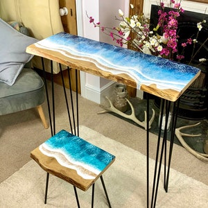 MADE to ORDER Custom Resin Desk Wave Table, Oak, Local Devon Hardwood, Wood, Hairpin Legs, Blue, Ocean, Handmade, Epoxy Resin Table image 1