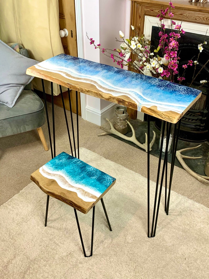 MADE to ORDER Custom Resin Desk Wave Table, Oak, Local Devon Hardwood, Wood, Hairpin Legs, Blue, Ocean, Handmade, Epoxy Resin Table image 1