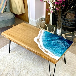 MADE to ORDER Custom Resin Coffee Wave Table, Oak, Local Devon Hardwood, Wood, Hairpin Legs, Blue, Ocean, Handmade, Epoxy Resin Table image 6