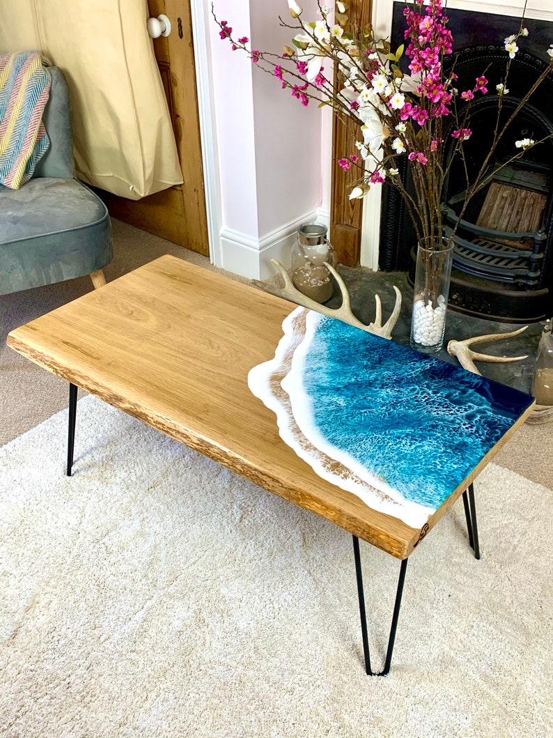 MADE to ORDER Custom Resin Coffee Wave Table, Oak, Local Devon Hardwood, Wood, Hairpin Legs, Blue, Ocean, Handmade, Epoxy Resin Table image 6