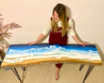 MADE to ORDER Custom Resin Wave Table, Oak or Ash Wood, Hairpin Legs, Console Table, Coffee Table, Blue, Ocean, Handmade, Epoxy Resin Table