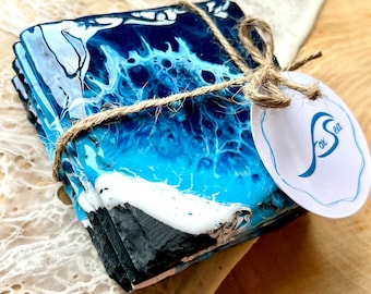 Resin Wave Ocean Slate Coaster Set Blue or Green