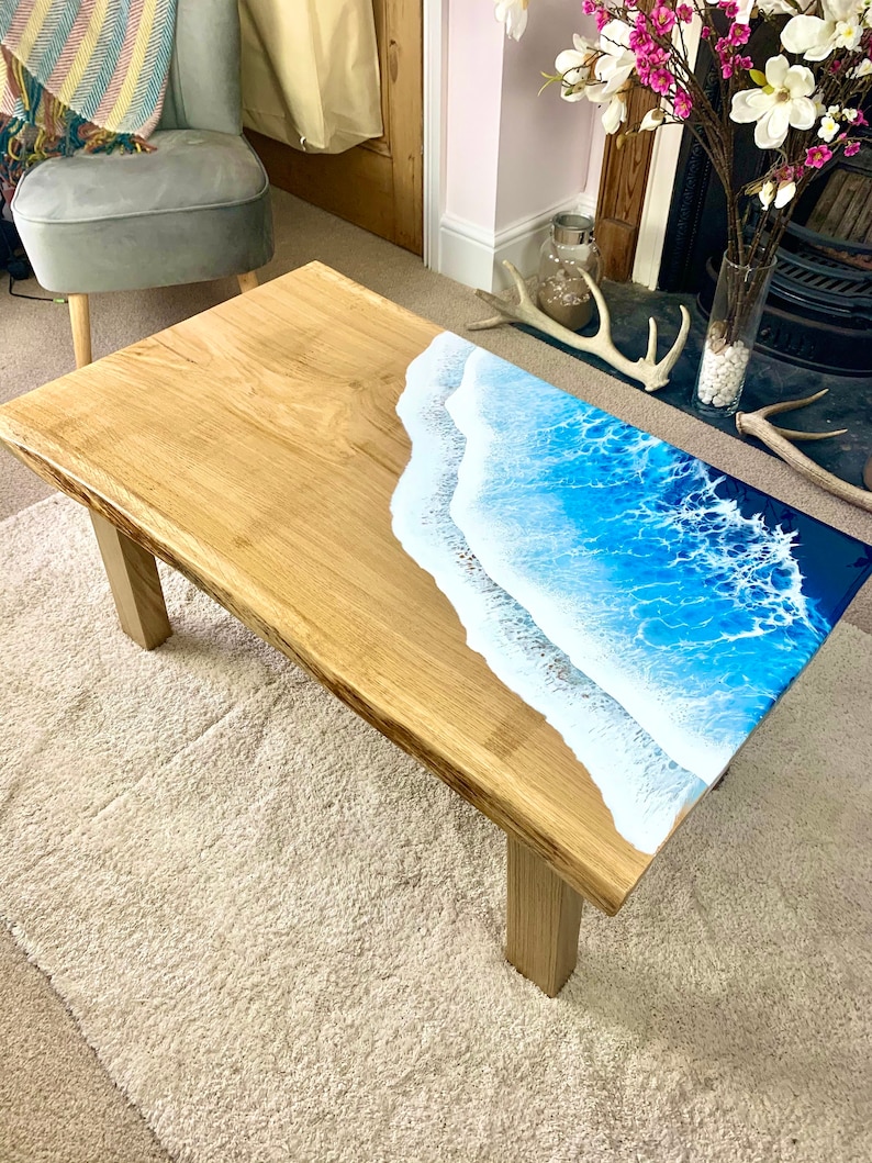 MADE to ORDER Custom Resin Coffee Wave Table, Oak, Local Devon Hardwood, Wood, Hairpin Legs, Blue, Ocean, Handmade, Epoxy Resin Table image 9