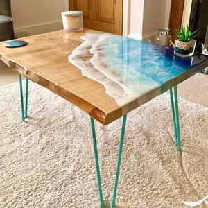 MADE to ORDER Custom Resin Wave Table, Oak or Ash Wood, Hairpin Legs, Console Table, Coffee Table, Blue, Ocean, Handmade, Epoxy Resin Table image 9