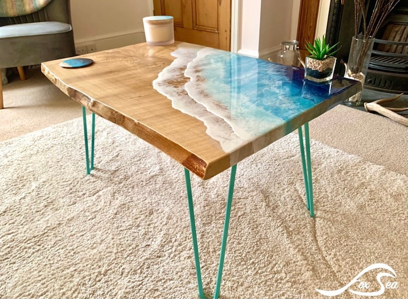 MADE to ORDER Custom Resin Wave Table, Oak or Ash Wood, Hairpin Legs, Console Table, Coffee Table, Blue, Ocean, Handmade, Epoxy Resin Table image 9