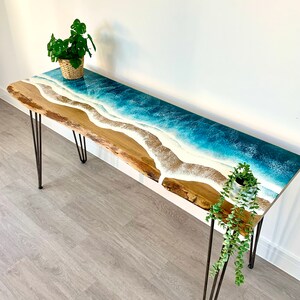 MADE to ORDER Custom Resin Desk Wave Table, Oak, Local Devon Hardwood, Wood, Hairpin Legs, Blue, Ocean, Handmade, Epoxy Resin Table image 7