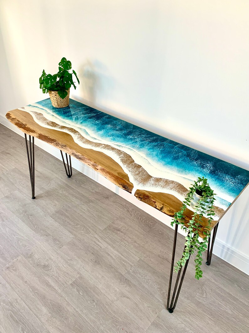 MADE to ORDER Custom Resin Desk Wave Table, Oak, Local Devon Hardwood, Wood, Hairpin Legs, Blue, Ocean, Handmade, Epoxy Resin Table image 7