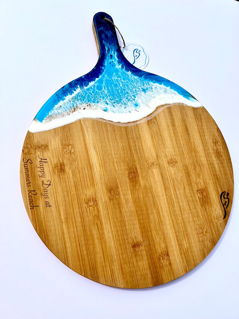 Blue Resin Wave Bamboo Ocean Pizza Serving Platter Chopping Board image 7