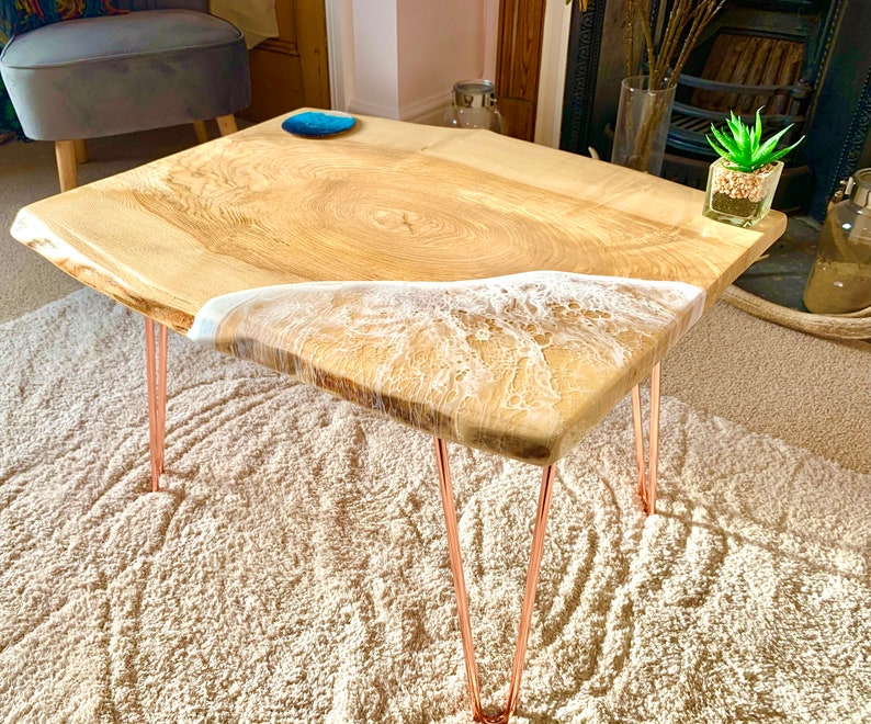 MADE to ORDER Custom Resin Coffee Wave Table, Oak, Local Devon Hardwood, Wood, Hairpin Legs, Blue, Ocean, Handmade, Epoxy Resin Table image 7