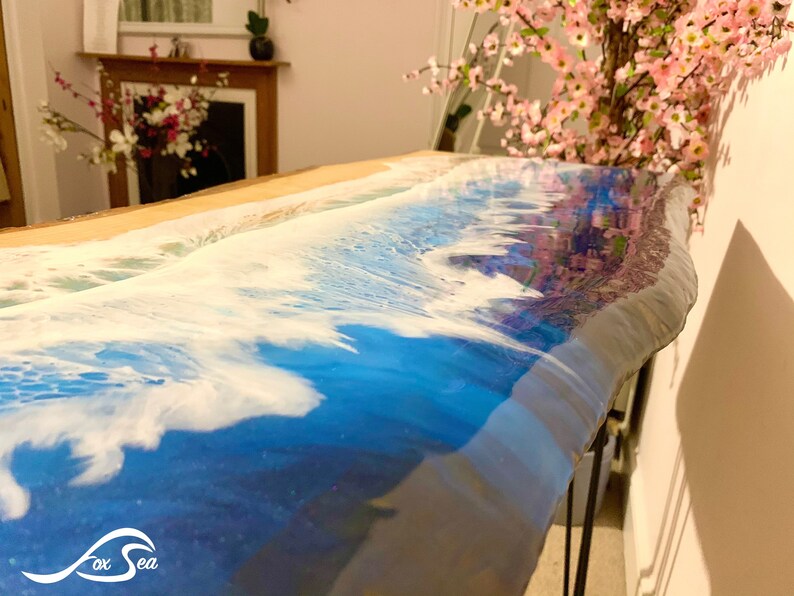 MADE to ORDER Custom Resin Desk Wave Table, Oak, Local Devon Hardwood, Wood, Hairpin Legs, Blue, Ocean, Handmade, Epoxy Resin Table image 6