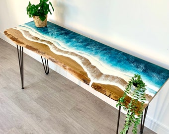 MADE to ORDER Custom Resin Console Wave Table, Oak, Local Devon Hardwood, Wood, Hairpin Legs, Blue, Ocean, Handmade, Epoxy Resin Table