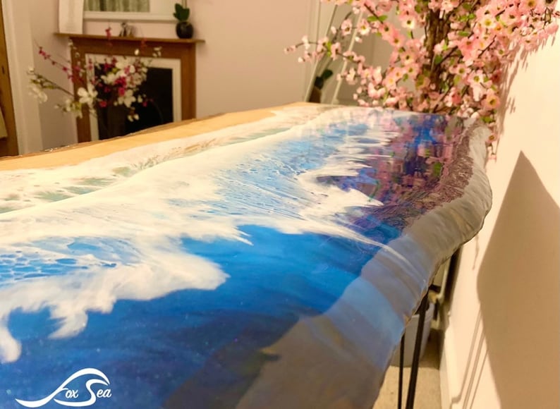 MADE to ORDER Custom Resin Wave Table, Oak or Ash Wood, Hairpin Legs, Console Table, Coffee Table, Blue, Ocean, Handmade, Epoxy Resin Table image 7
