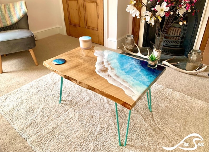 MADE to ORDER Custom Resin Wave Table, Oak or Ash Wood, Hairpin Legs, Console Table, Coffee Table, Blue, Ocean, Handmade, Epoxy Resin Table image 2