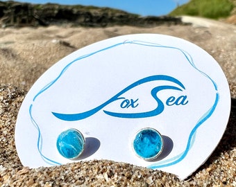 Handmade Earrings Ocean Inspired Resin Wave Sterling Silver Stud Earrings Blue Green