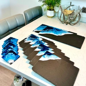 MADE to ORDER Custom Resin Wave Slate Placemat & Coaster Set Grey, Blue or Green image 6