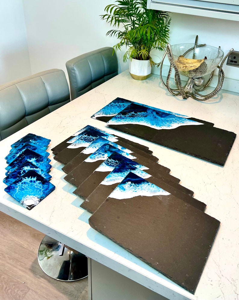 MADE to ORDER Custom Resin Wave Slate Placemat & Coaster Set Grey, Blue or Green image 6
