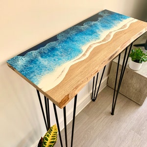 MADE to ORDER Custom Resin Desk Wave Table, Oak, Local Devon Hardwood, Wood, Hairpin Legs, Blue, Ocean, Handmade, Epoxy Resin Table image 5