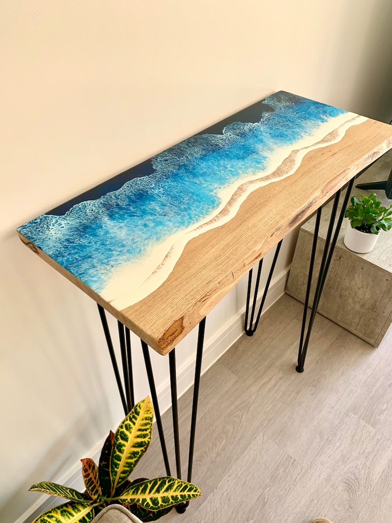 MADE to ORDER Custom Resin Desk Wave Table, Oak, Local Devon Hardwood, Wood, Hairpin Legs, Blue, Ocean, Handmade, Epoxy Resin Table image 5