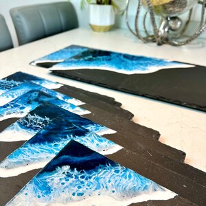 MADE to ORDER Custom Resin Wave Slate Placemat & Coaster Set Grey, Blue or Green image 9