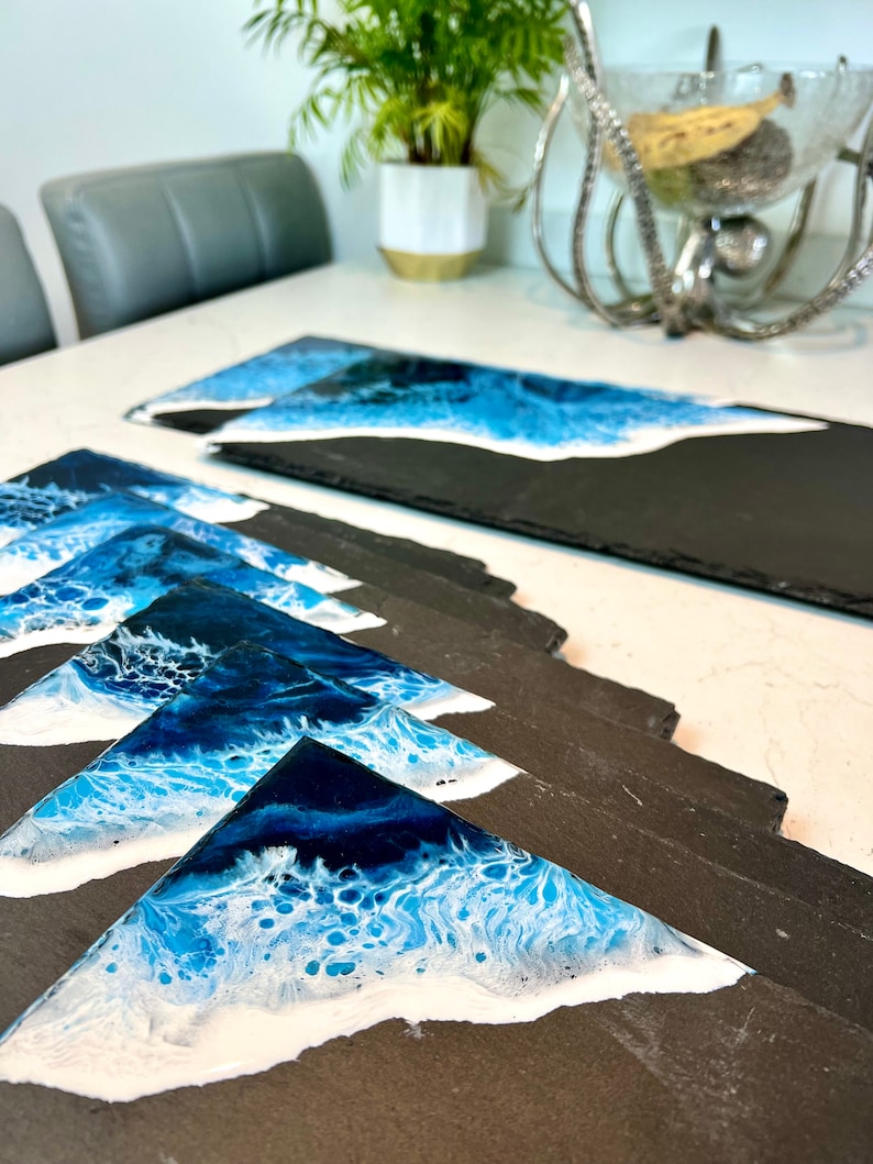 MADE to ORDER Custom Resin Wave Slate Placemat & Coaster Set Grey, Blue or Green image 9