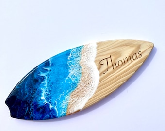 Handmade Surfboard Art Ocean Wave Wall Art, Blue Resin Wave on Wood