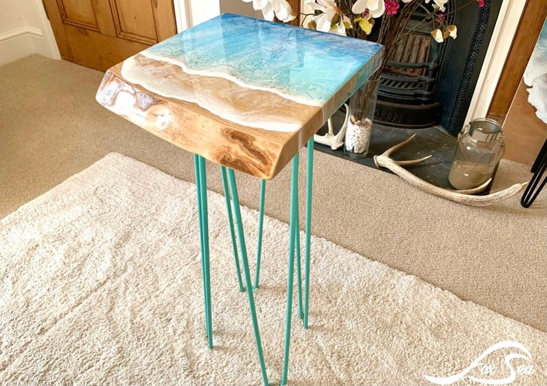 MADE to ORDER Custom Resin Wave Table, Oak or Ash Wood, Hairpin Legs, Console Table, Coffee Table, Blue, Ocean, Handmade, Epoxy Resin Table image 5