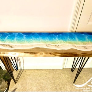 MADE to ORDER Custom Resin Wave Table, Oak or Ash Wood, Hairpin Legs, Console Table, Coffee Table, Blue, Ocean, Handmade, Epoxy Resin Table image 6