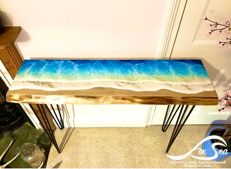 MADE to ORDER Custom Resin Wave Table, Oak or Ash Wood, Hairpin Legs, Console Table, Coffee Table, Blue, Ocean, Handmade, Epoxy Resin Table image 6