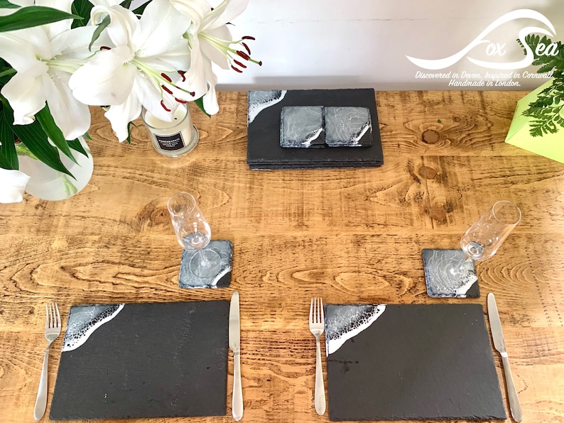 MADE to ORDER Custom Resin Wave Slate Placemat & Coaster Set Grey, Blue or Green 画像 1