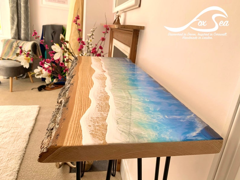 MADE to ORDER Custom Resin Wave Table, Oak or Ash Wood, Hairpin Legs, Console Table, Coffee Table, Blue, Ocean, Handmade, Epoxy Resin Table image 8