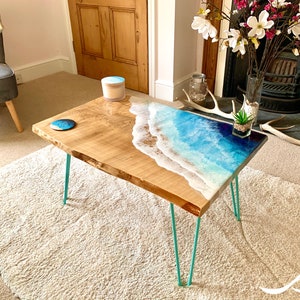 MADE to ORDER Custom Resin Coffee Wave Table, Oak, Local Devon Hardwood, Wood, Hairpin Legs, Blue, Ocean, Handmade, Epoxy Resin Table image 2