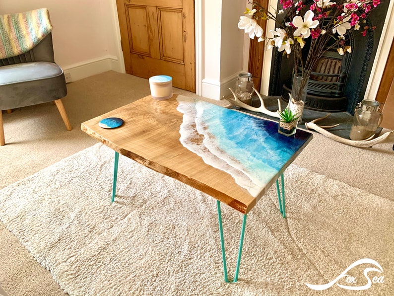 MADE to ORDER Custom Resin Coffee Wave Table, Oak, Local Devon Hardwood, Wood, Hairpin Legs, Blue, Ocean, Handmade, Epoxy Resin Table image 2