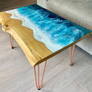 MADE to ORDER Custom Resin Coffee Wave Table, Oak, Local Devon Hardwood, Wood, Hairpin Legs, Blue, Ocean, Handmade, Epoxy Resin Table image 4