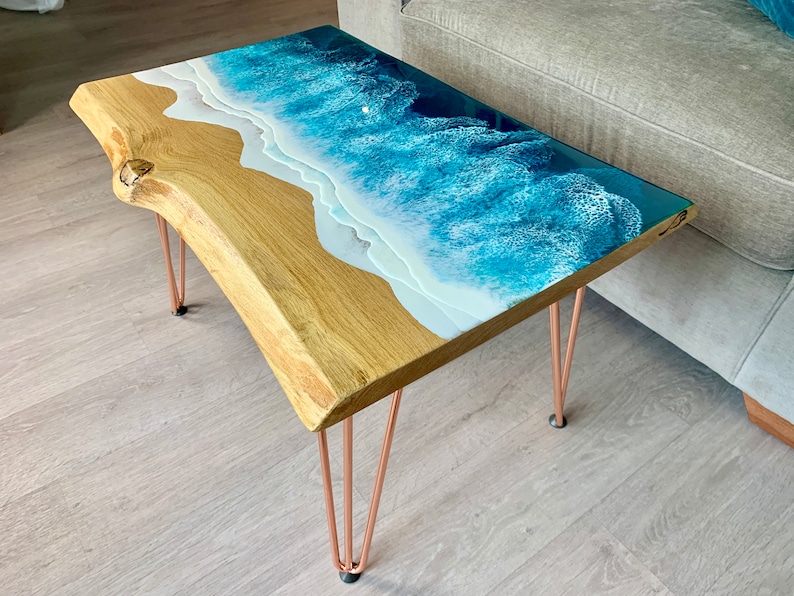 MADE to ORDER Custom Resin Coffee Wave Table, Oak, Local Devon Hardwood, Wood, Hairpin Legs, Blue, Ocean, Handmade, Epoxy Resin Table image 4