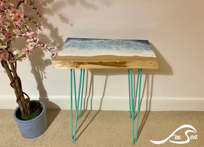 MADE to ORDER Custom Resin Wave Table, Oak or Ash Wood, Hairpin Legs, Console Table, Coffee Table, Blue, Ocean, Handmade, Epoxy Resin Table image 4