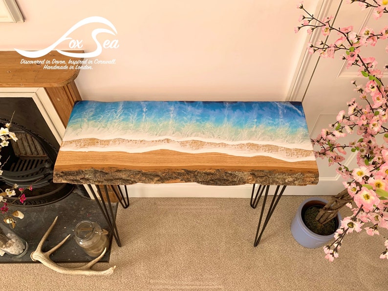 MADE to ORDER Custom Resin Wave Table, Oak or Ash Wood, Hairpin Legs, Console Table, Coffee Table, Blue, Ocean, Handmade, Epoxy Resin Table image 10
