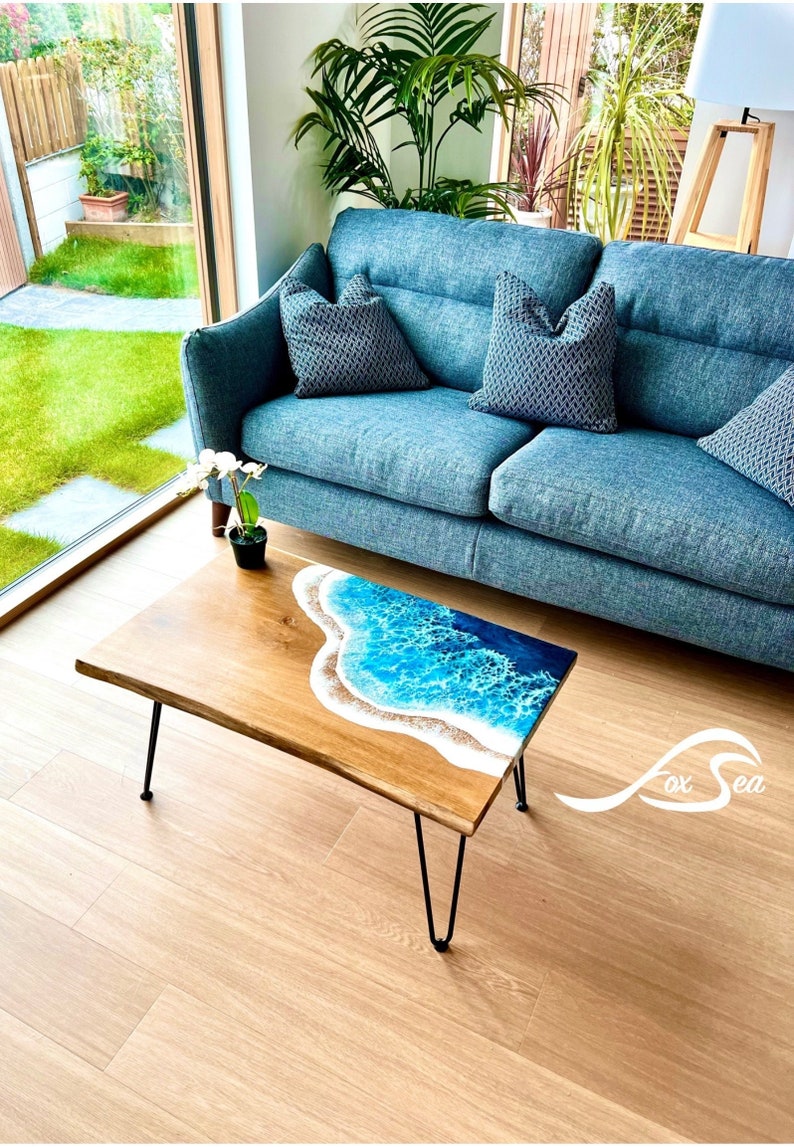 MADE to ORDER Custom Resin Coffee Wave Table, Oak, Local Devon Hardwood, Wood, Hairpin Legs, Blue, Ocean, Handmade, Epoxy Resin Table image 1