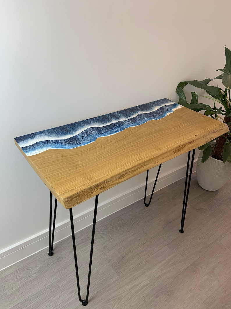 MADE to ORDER Custom Resin Desk Wave Table, Oak, Local Devon Hardwood, Wood, Hairpin Legs, Blue, Ocean, Handmade, Epoxy Resin Table image 8
