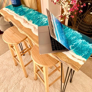 MADE to ORDER Custom Resin Desk Wave Table, Oak, Local Devon Hardwood, Wood, Hairpin Legs, Blue, Ocean, Handmade, Epoxy Resin Table image 2