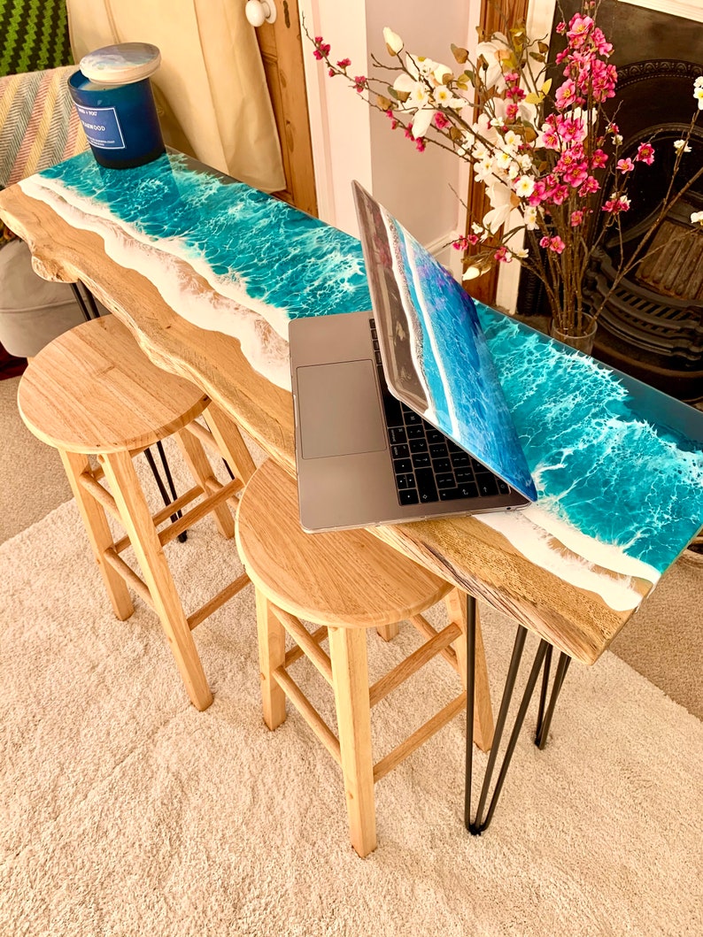 MADE to ORDER Custom Resin Desk Wave Table, Oak, Local Devon Hardwood, Wood, Hairpin Legs, Blue, Ocean, Handmade, Epoxy Resin Table image 2