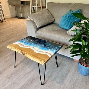 MADE to ORDER Custom Resin Coffee Wave Table, Oak, Local Devon Hardwood, Wood, Hairpin Legs, Blue, Ocean, Handmade, Epoxy Resin Table image 5