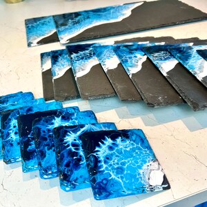 MADE to ORDER Custom Resin Wave Slate Placemat & Coaster Set Grey, Blue or Green image 2