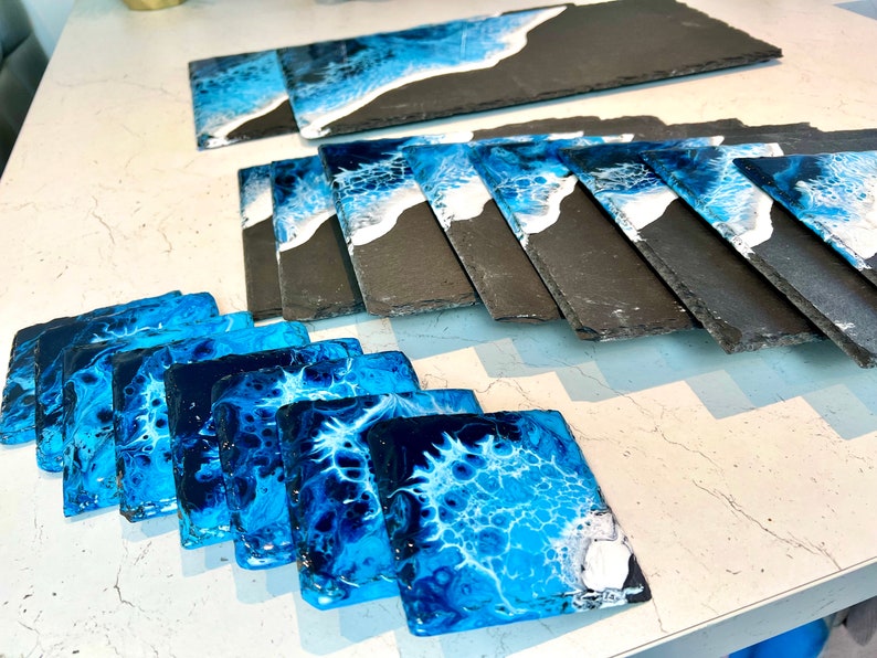 MADE to ORDER Custom Resin Wave Slate Placemat & Coaster Set Grey, Blue or Green image 2