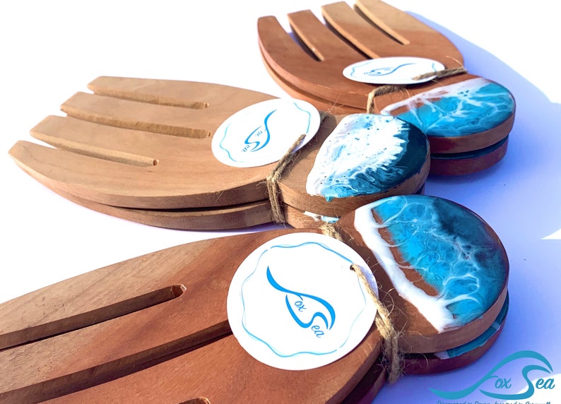 Handmade Resin Wave Salad Servers Blue image 1