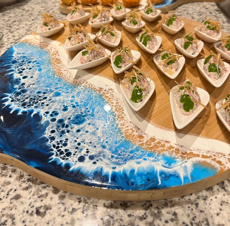 Blue Resin Wave Bamboo Ocean Pizza Serving Platter Chopping Board image 3