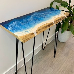 MADE to ORDER Custom Resin Desk Wave Table, Oak, Local Devon Hardwood, Wood, Hairpin Legs, Blue, Ocean, Handmade, Epoxy Resin Table image 4