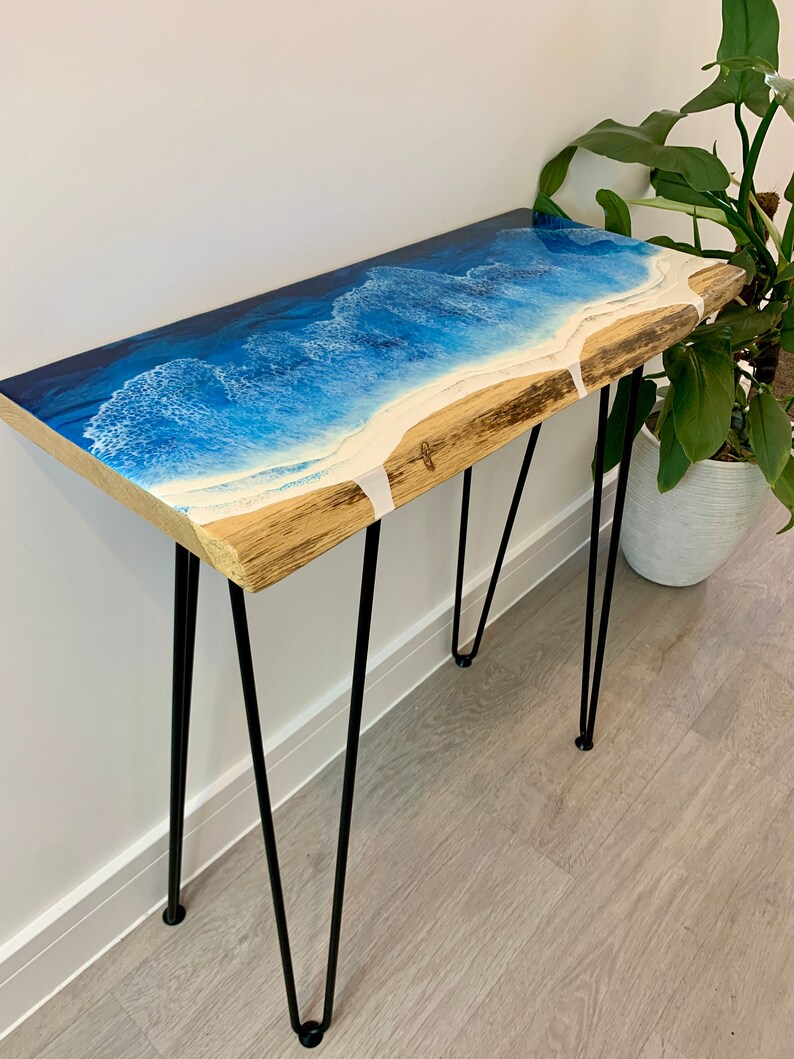 MADE to ORDER Custom Resin Desk Wave Table, Oak, Local Devon Hardwood, Wood, Hairpin Legs, Blue, Ocean, Handmade, Epoxy Resin Table image 4